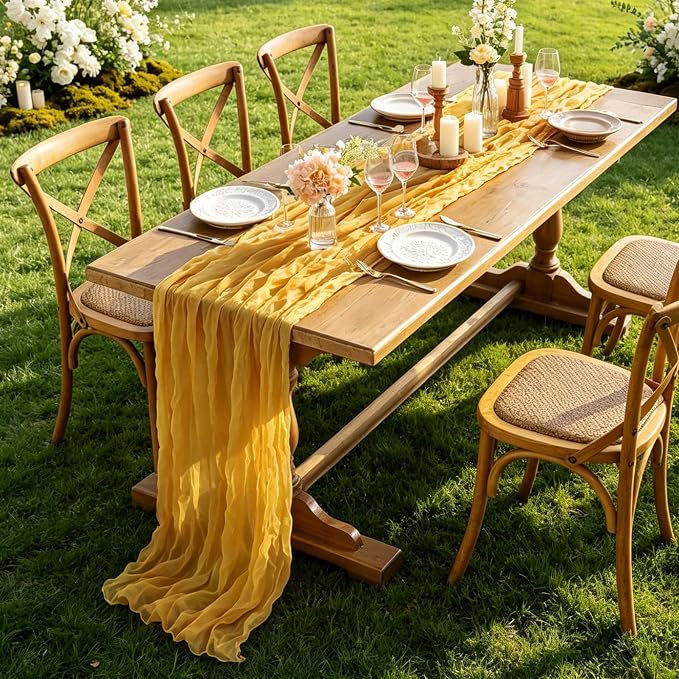 3Pcs Yellow Table Runner, 10FT Rustic Gauze Gold Table Runner 35*120inch Boho - Image 6