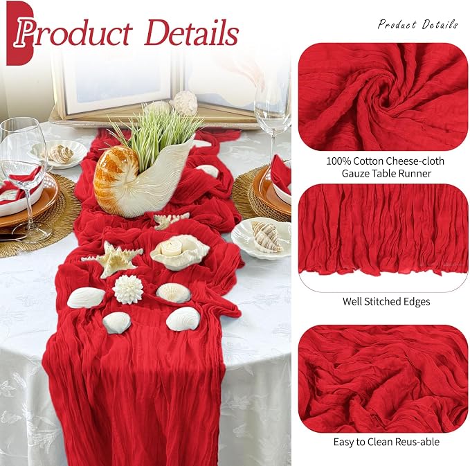 3 Pack Red Cheesecloth Table Runner 17x108 Inch Semi Sheer Boho Gauze Cheese - Image 5
