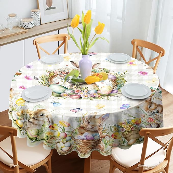 Easter Tablecloth 60 x 104 Inch Rectangle, Easter Bunny Table Cloth Buffalo Check Plaid Kitchen Table Cover for Dining Room Spring Oblong Tablecloth Indoor Decor