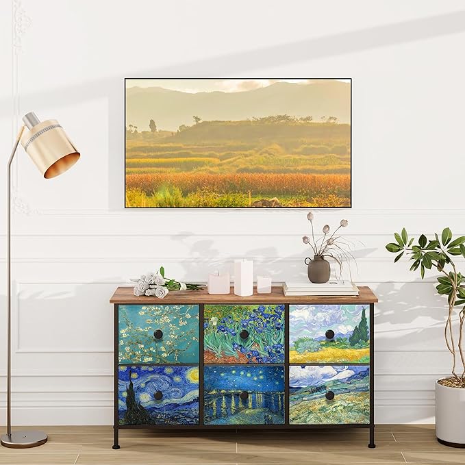 EXOTICA 6 Drawer Dresser for Bedroom Van Gogh Chest of Drawers Wide TV Stands Fabric Storage Drawer Unit for Living Room Entryway Closet Sturdy Steel Frame Wood Top