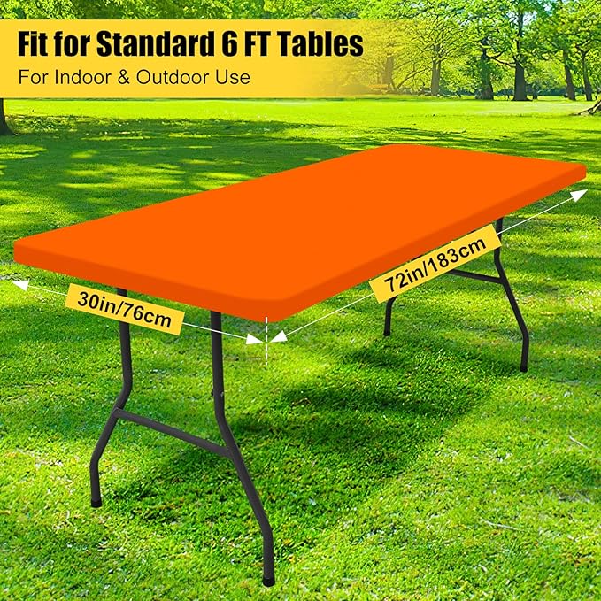 Smiry Rectangle Picnic Table Cloth, Waterproof Elastic Fitted Tablecloths for 6 Foot Tables, Washable Polyester Table Cover for Camping, Indoor and Outdoor (Orange, 30"x72")