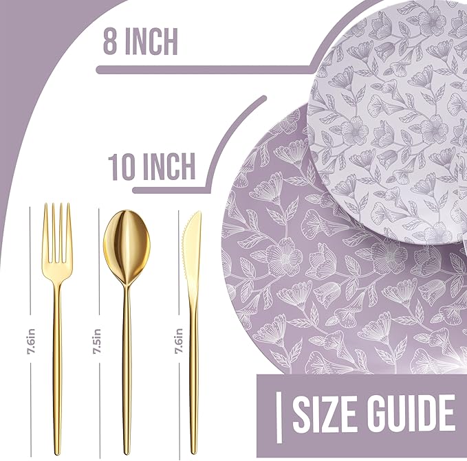Trendables Fancy Plastic Dinnerware Sets 100 Pc 20 Guests Gold Silverware Disposable 20 X 10 Inch Charger Plates 20 X 8 Inch Dessert Plates 20 x Gold Plastic Forks and Spoons Knives In Blossom Circle