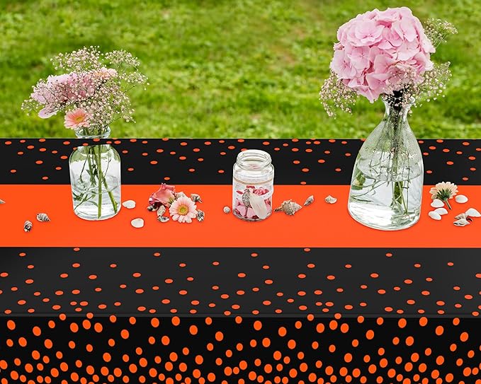 Oudain 6 Pcs Black and Orange Tablecloth for Parties Plastic Dot Tablecloths Printed Table Runner Waterproof Disposable Rectangle Table Cover for Christmas Birthday Wedding Party, 54" x 108"