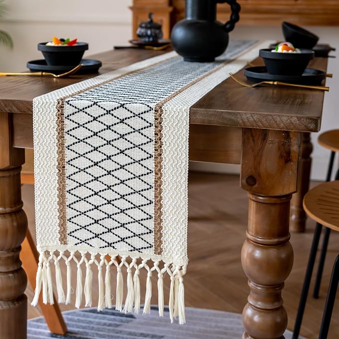 EMMTEEY Macrame Table Runner Boho Style 94 Inches Long, Hexagonal Black | by EMMTEEY