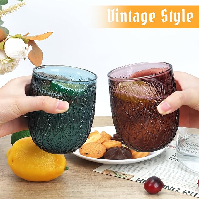 Topsky Vintage Drinking Glass Set of 4,12 oz Embossed Willow Leaf Drinkware Set,Colorful Drinking Glasses Cups Wine Glasses Colored Glassware for Whisky,Beer,Juice,Cocktail,Heavy Duty