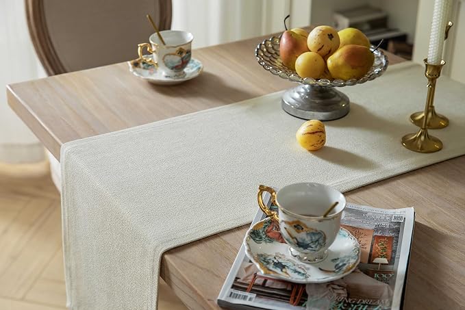 Burlap Style Farmhouse Table Runner, 14x60 Inches Cream | Thick Durable Fabric - Image 4