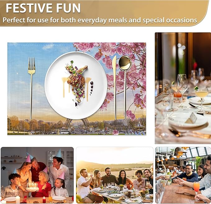 Eiffel Tower Placemats Set of 6 Linen Washable, Heat-Resistant 12x18 Inch Cherry Blossoms Table Place Mats for Kitchen Dining for Home Party Holidays
