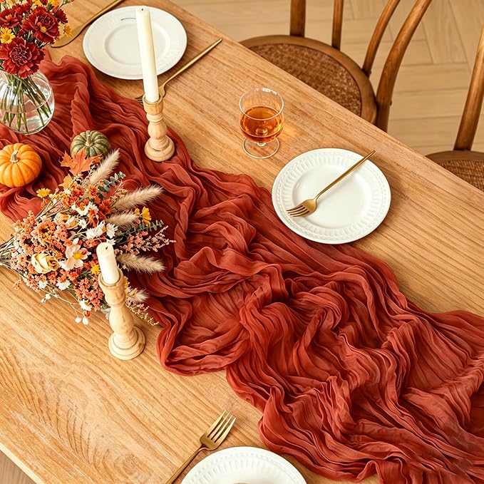 Fall Table Runner, 10FT Thanksgiving Terracotta Cheesecloth Table Runner - Image 2