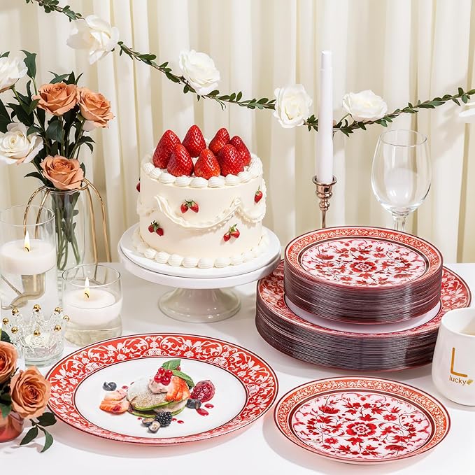 Hioasis 60pcs Red Plastic Plates Set - Floral Red & White Porcelain Design, 10.25" Dinner & 7.5" Dessert Plates Disposable for Christmas (Dishwasher Safe, Art Style)