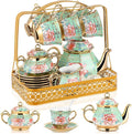 22 Pcs Porcelain Tea Set with Metal Holder, Vintage European Floral Tea Set by Suttmin