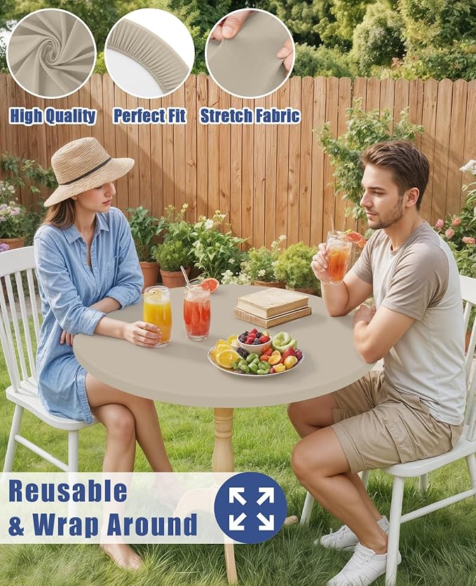 Round Spandex Tablecloth 2 Pack, Elastic Fitted Waterproof Tablecloths for 57"-68" Tables, Stretch Washable Picnic Table Cover for Camping, Dining, Indoor and Outdoor, Taupe
