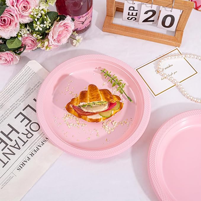 WELLIFE Pink Party Plates 7 Inch -150 Count, Disposable Plastic Light Pink Dessert Plates for Valentine's Day Party Cake Easter Mother's Day Baby Shower Appetizer