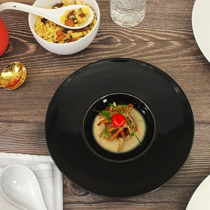 Ceramics Rimmed Soup Bowls 8.6 oz, Black 11 inch Exquisite small soup plate Set of 4, Pasta plates With Rim is the best choice for hotels, kitchens, fine restaurants and gourmets