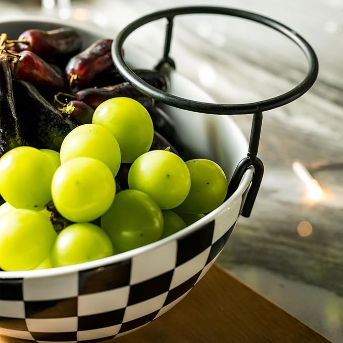Tiered Serving Bowls Chip and Dip Serving Set with Stand, Ceramic Appetizer Serving Dishes Platters and Trays for Parties Entertaining - Checkered Kitchen Decor