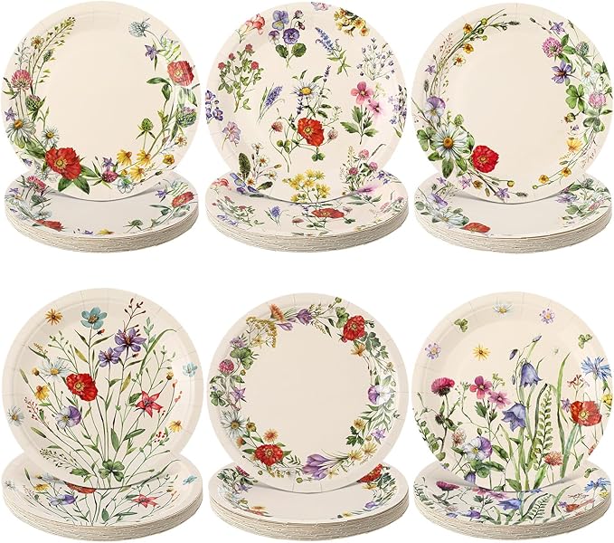 Umigy 120 Pcs Vintage Wild Floral Paper Plates 7 Inch Floral Plates, Fall Summer Flower Dinner Tableware Watercolor Flower Tea Party Dessert Tableware for Birthday Wedding Baby Bridal Shower Party