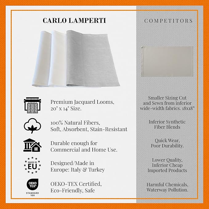 Premium European Cloth Table Linen Placemats - 56% Cotton 44% Linen Fabric, Jacquard Woven Design - For All Occasions or Daily Use - Machine Washable - Carlo Lamperti Italy - White, 20"x14" (Set of 4)