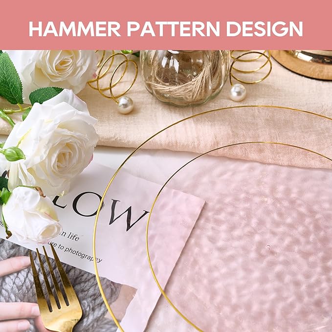 FOCUSLINE 60Pcs Clear Plastic Plates, Pink Disposable Plates with Gold Rim, 30 7" Salad Dessert Plate and 30 10" Dinner Plate Heavy-duty Hammered Plates for Party, Wedding