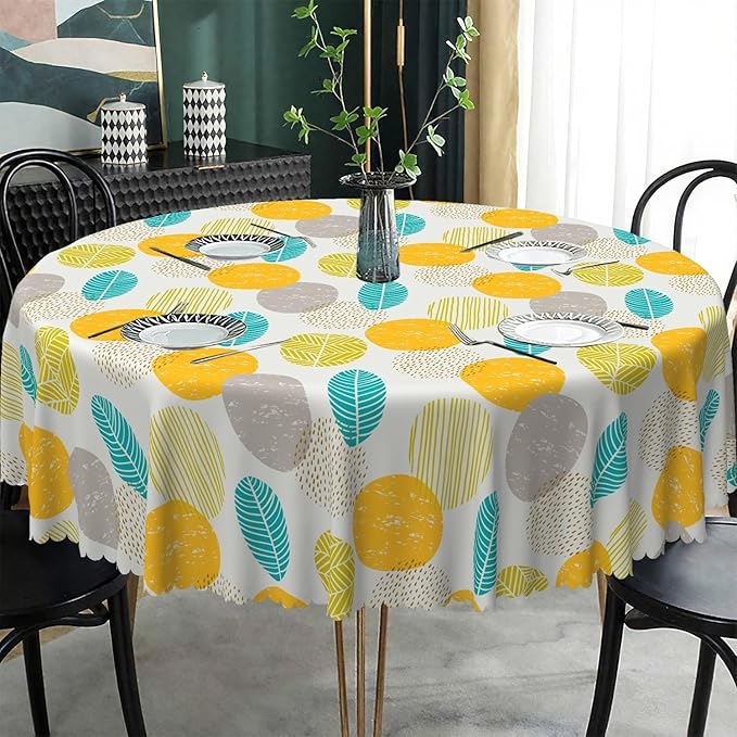 Laeacco 24 Inch Geometric Round Tablecloth Colorful Abstract Oval Leaf Pattern Modern Art Print Table Cloth Washable Waterproof Wrinkle Free Table Cover for Kitchen Dining Picnic Party Decoration