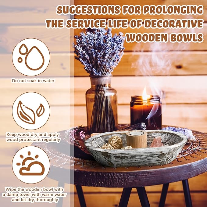 Tessco 2 Pcs Wooden Dough Bowl for Home Rustic Bread Long Wooden Bowl for Kitchen Dining Table Home Decoration(10 x 6 x 2 Inch, 14 x 10 x 2 Inch,White)
