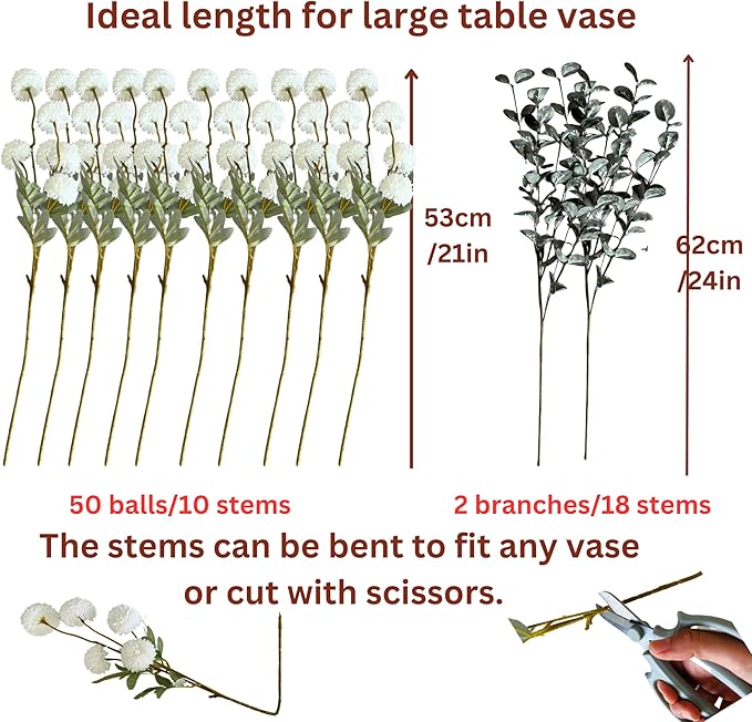 RyddeligHome White Faux Kiku Flowers for Vase - 10 Long Stem Artificial Flowers with Eucalyptus, Realistic Winter Floral Stems for Tall Vases, Farmhouse Home Decor (Premium Quality)
