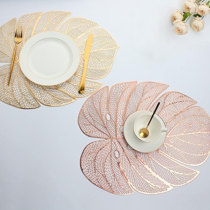 Evevda Rose Gold Leaf Shaped Vinyl Placemats for Dinner Table Set of 8 Metallic Plastic Place Mats Wipeable 8Pcs Table Mats for Wedding Annersary Dinner Table Decoration Mats(17.7x13.8inch/45x35cm)…