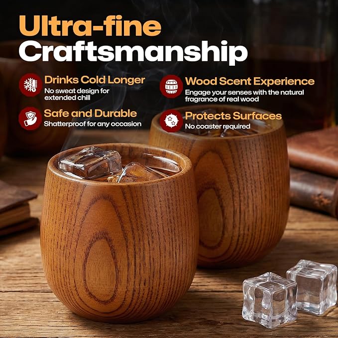 AIUHI Wooden Whiskey Glasses, Old Fashioned Bourbon Cups, Handcrafted Wooden Bourbon Drinking Glass for Ideal Gift for Whiskey Lovers, Perfect for Home Bar, Whiskey Tasting & Outdoor Gatherings(4Pack)