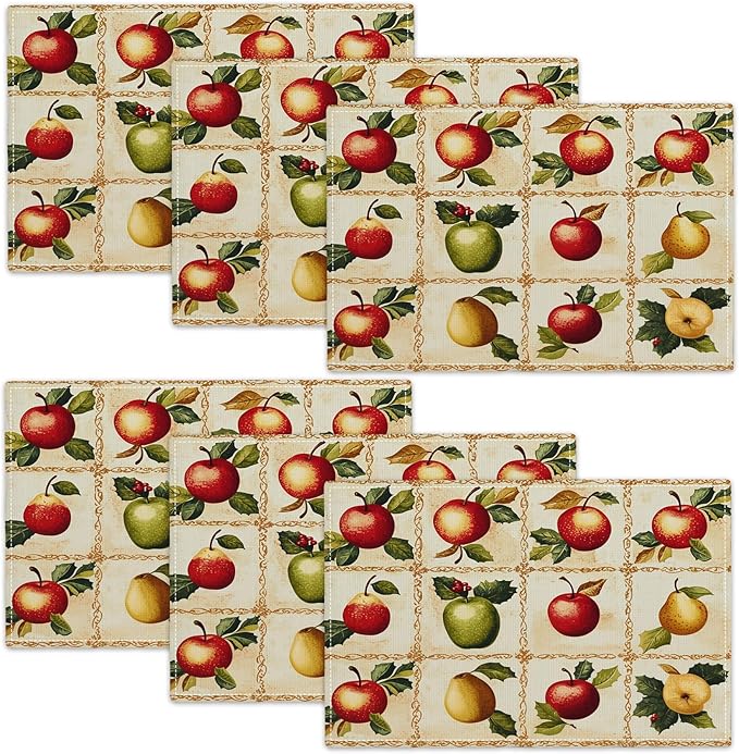 Apple Pear Placemats Set of 6, Retro Fruit Place Mats, Fruits Waterproof Washable Table Mats for Home Party Indoor Kitchen Dining Table Decoration 12x18 Inch
