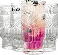 SoulTimes 4 Pack Large 16oz Ribbed Glassware Set, Flower Design Stackable Glass by SoulTimes