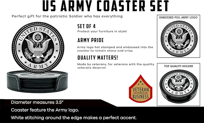 US Army Leather Coaster Set - 4 Premium Coasters with Hot Stamped Foil Logo-Gifts for Soldiers | Disabled Vet Owned Business-US-Army Coaster-Set