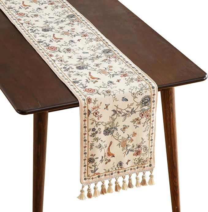 Designer French Linen Table Runner, Floral Bird Pattern, Dining Table, by Isaennehomedecoration