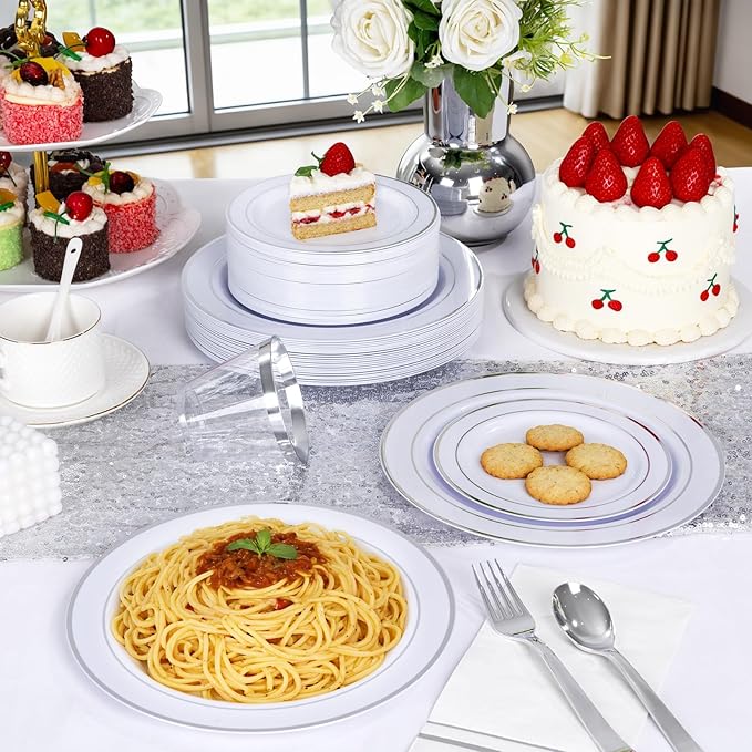 GATHER 176 Pieces Silver Plates - Disposable Silver Plastic Plates Includes 50 Plates, 75 Silverware, 25 Napkins, 25 Silver Rimmed Cups and 1 Tablecloth Perfect for Party & Weding