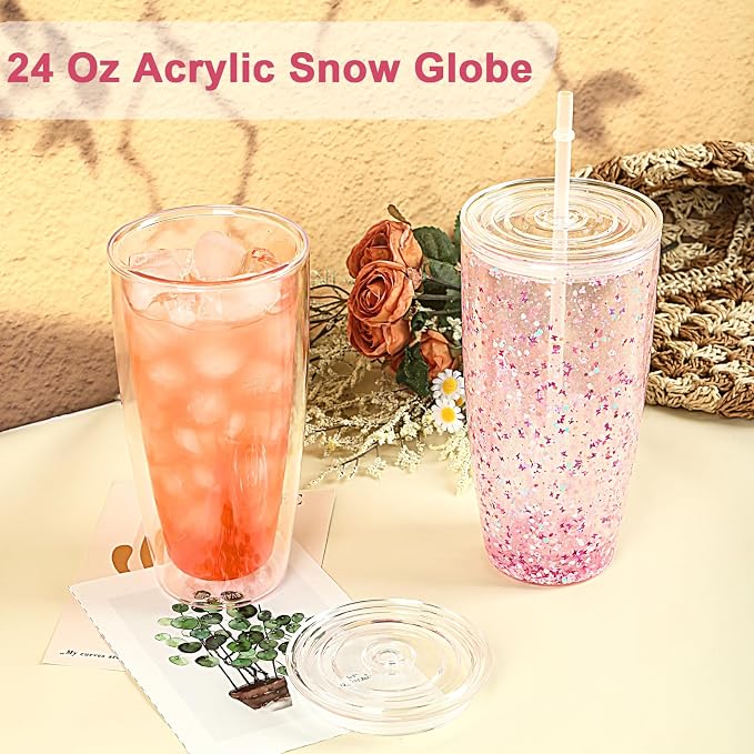 24 Oz Acrylic Snowglobe Tumbler, 4 Pack Pre-Drilled Double Wall Plastic - Image 2