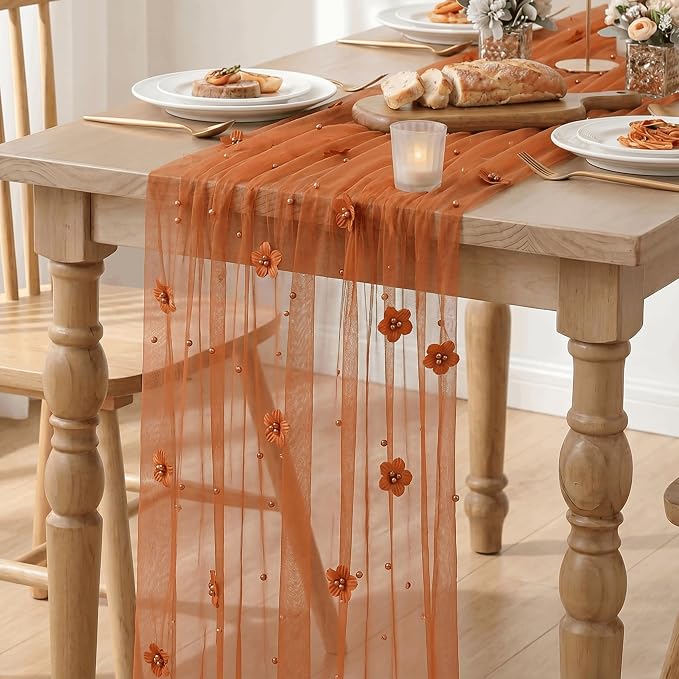 Artoid Mode Caramel Flower Pearl Pink Gauze Table Runner 10FT, Seasonal Sheer - Image 2