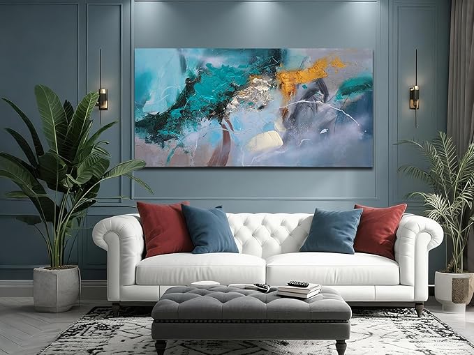 Anolyfi Teal Abstract Canvas Wall Art for Living Room, Modern Art Wall Decor Decorative Painting Large Artwork Picture Framed for Men Room Hallway Bedroom Kitchen Office Home Decor 40"x20"