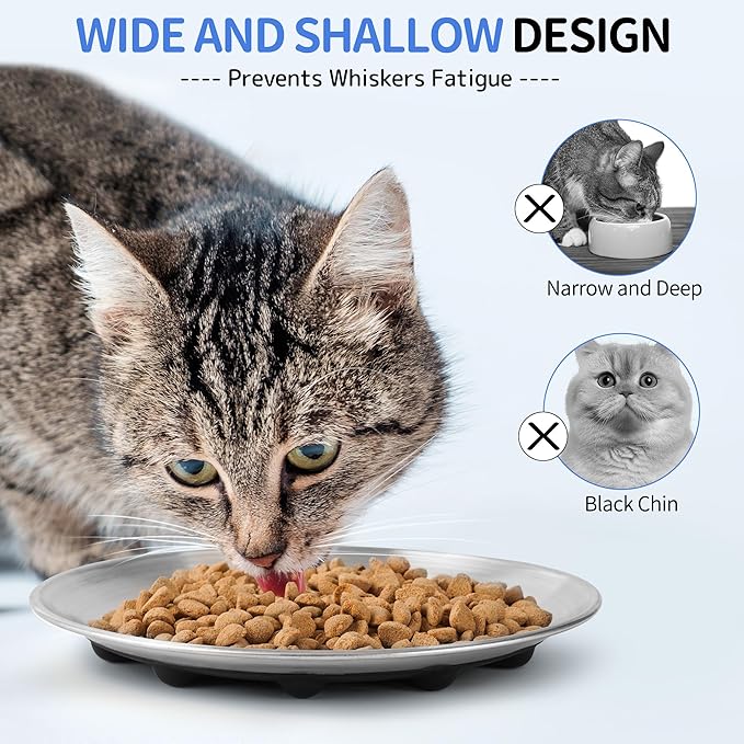 Elevated Cat Bowls, Separable Dishes for Solo Use, 304 Stainless Steel Raised Cats Plates for Wet Food, Extra Wide Shallow Design for Whisker Relief, Non-Slip Silicone Base Kitten Feeder, 2 Set