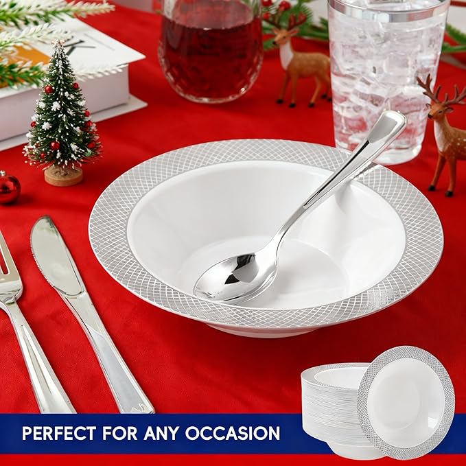 JOLLY CHEF 50 Pack Plastic Bowls with Silver Rim, 12 oz Disposable Soup Bowls, Heavy Duty Plastic Dinner Bowl for Weddings, Party, Dinners, Catering, Christmas and Everyday Use