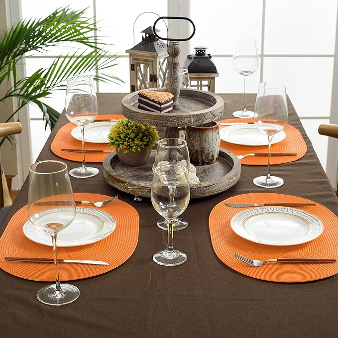 FunWheat Oval Braided Placemats Set of 8 Table Mats for Dining Tables Washable Heat Resistant Place Mats for Indoor Outdoor Use 12 x18 Inch(Oval Orange, 8pcs)