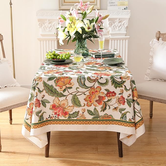 patdrea Designer Vintage Linen Rectangle Tablecloth,Provencal Rustic Floral Pattern Tablecloths,Decorative Table Cover Cloth for Kitchen,Dining Room,Tea Party,Home,Christmas,63"*102"