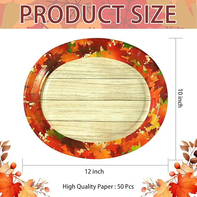 50Pcs Fall Oval Paper Plates 10" x 12" Large Disposable 400GSM Heavy Duty Fall Maple Leaves Wooden Grain Dessert Platters Autumn Party Decorations for Thanksgiving Harvest Holiday Party Supplies