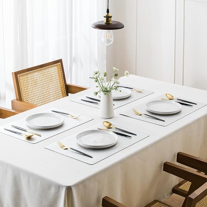 Jovono Faux Leather Placemats Set of 6, Waterproof Washable Table Mats, Easy-Clean Heat Resistant Kitchen Vinyl Place Mat for Dining Table, Wedding, Holidays, Indoor, 17.8"x11.8", Silver
