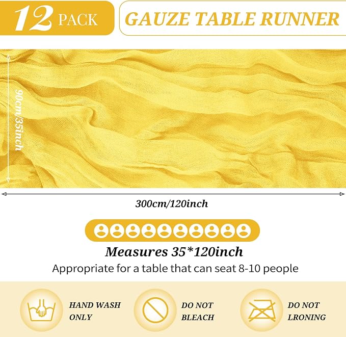 YMHPRIDE 12 Pack Cheesecloth Table Runner 35x120in Yellow Table Runner | Boho - Image 2