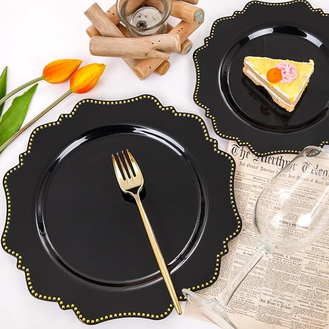 COLOSUS Black Plastic Plates Set,Heavy Duty Black Disposable Plates for 50 guests,Include 50PCS 10.5inch Dinner Plate and 50PCS 8.25 inch Dessert Plate for Halloween Party/Wedding/New Year/Birthday