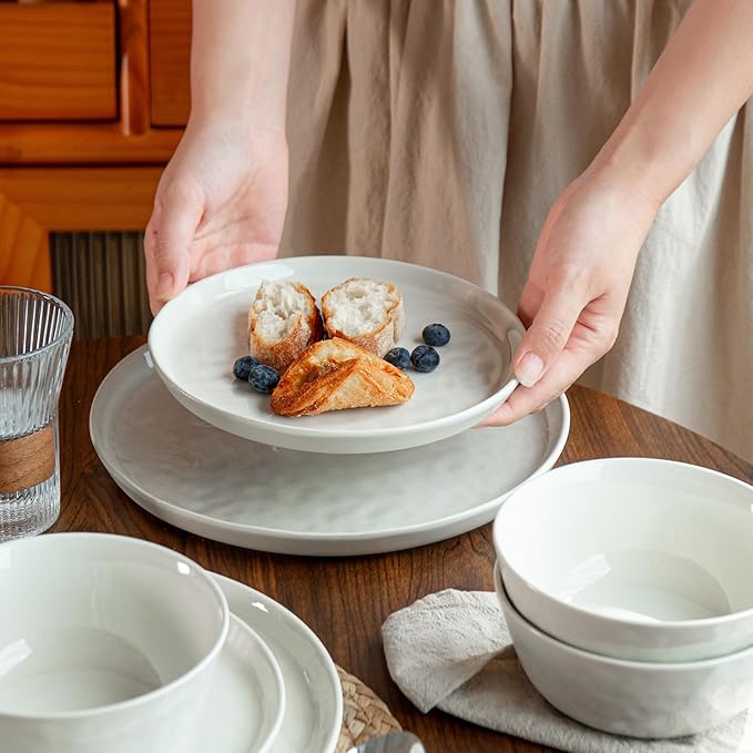Ceramic Water Ripple Tableware Sets for 4, 12 Pieces Stoneware Plates and Bowls Sets, Reactive Glaze Dishes -Scratch Resistant, Dishwasher&Microwave Safe (Milky White)