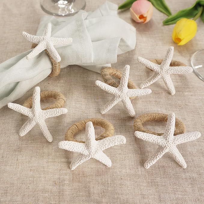 Starfish Napkin Rings Set of 6, White Sea Star Napkin Ring Holders for Crafts, Beach, Dinner Party, Wedding, Theme Party, Banquet, Nautical, Coastal Table Decor