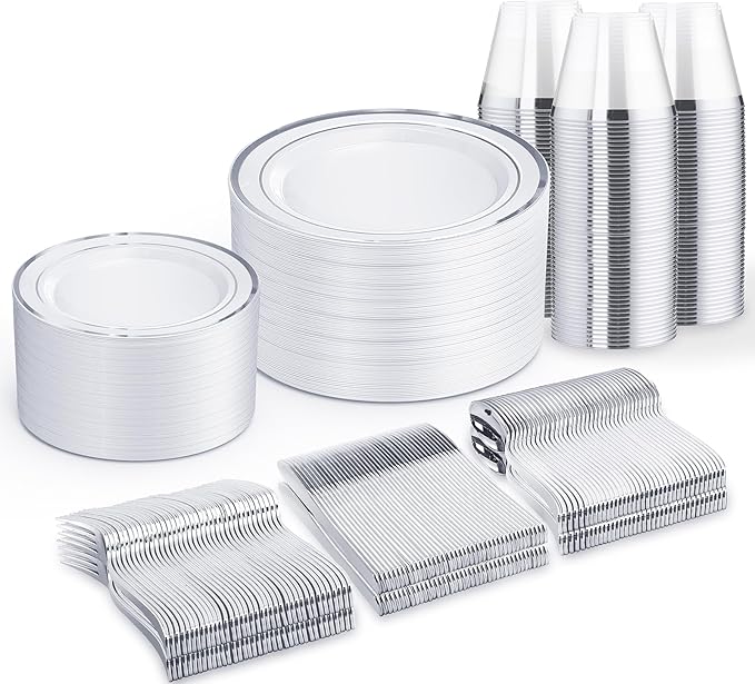 WELLIFE 450 PCS Silver Disposable Dinnerware Set for 75 Guests, Wedding Plates Silver Plastic Plates for Party, Including 75 Dinner Salad Plates, Cups, Forks Knives Spoons for Wedding and Party