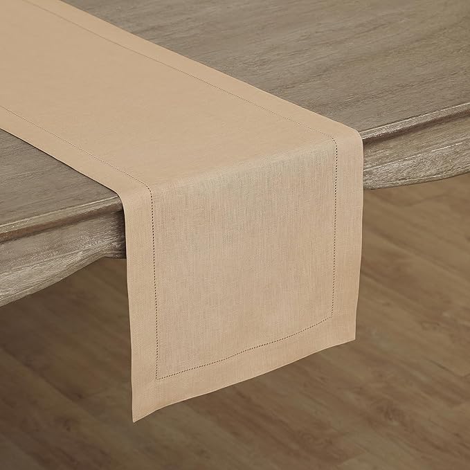 Solino Home Linen Beige Table Runner 90 Inches Long - 100% Pure Linen 14 x 90 Inch Table Runner for Spring, Easter - Classic Hemstitch