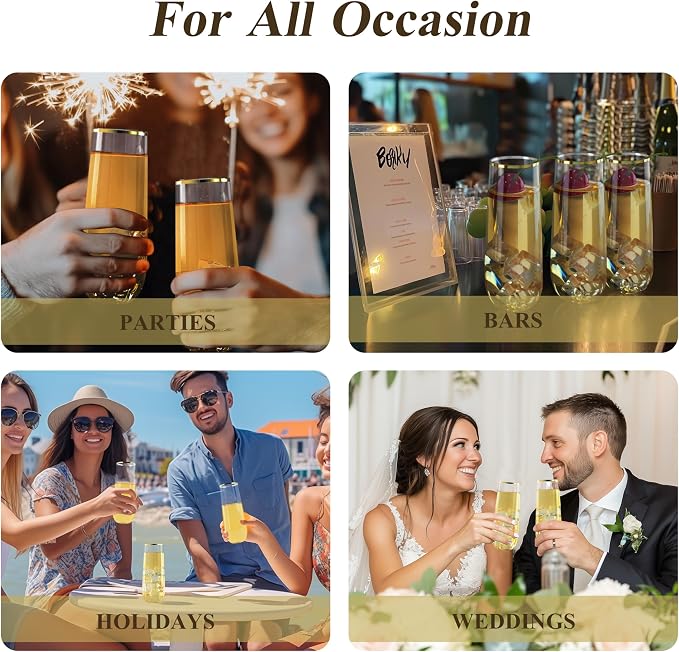 Bestluck 24 Pack 9 oz Stemless Plastic Champagne Flutes Gold Rim | Clear - Image 6