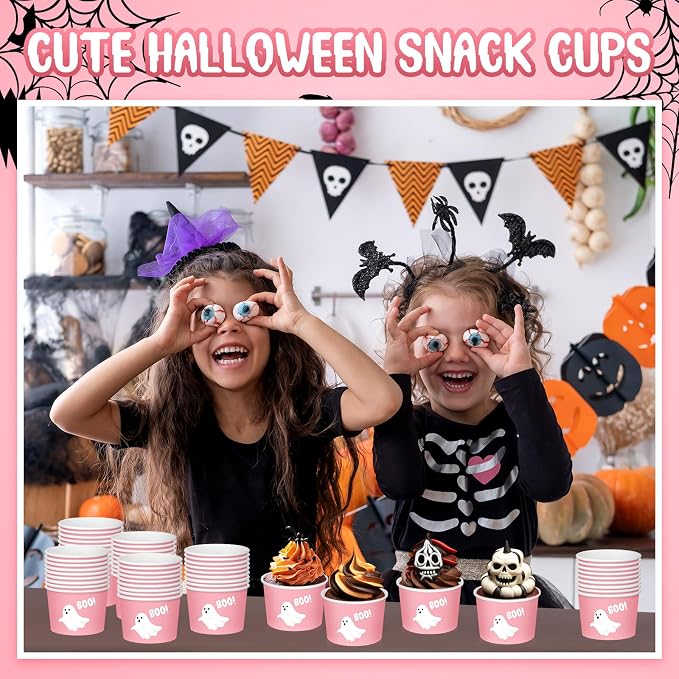 CHENGU 180 Pcs Halloween Snack Cups 9 oz Disposable Ghost Paper Ice Cream Bowls - Image 3