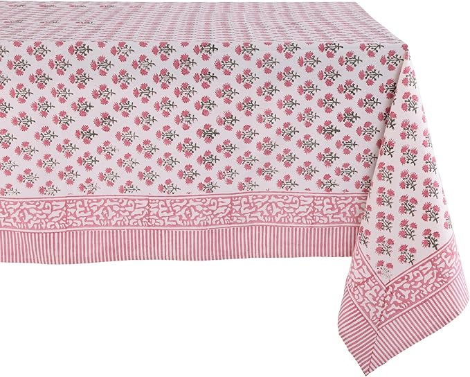 ATOSII Gulbahar White Pink 100% Cotton Spring Summer Square Tablecloth, Handblock Print Floral Table Cloth for Kitchen Dining Linen I Weddings, Outdoors, Easter 60 X 60 Inches I 4 Seater