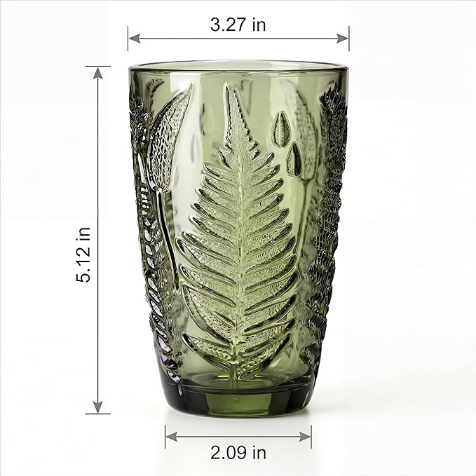 Green Drinking Glasses Set of 8, 12 oz Glass Cups, Vintage Fern Glassware | - Image 4